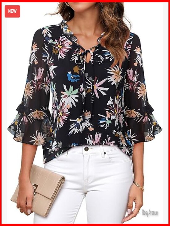 Tops - Womens Tops Dressy Casual Ruffle 3/4 Sleeve V Neck Elegant Floral Chiffon Blouse